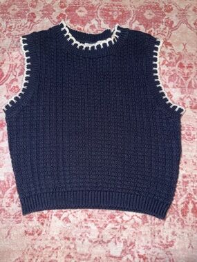 Sleeveless Knit Sweater Vest in Navy with White Trim